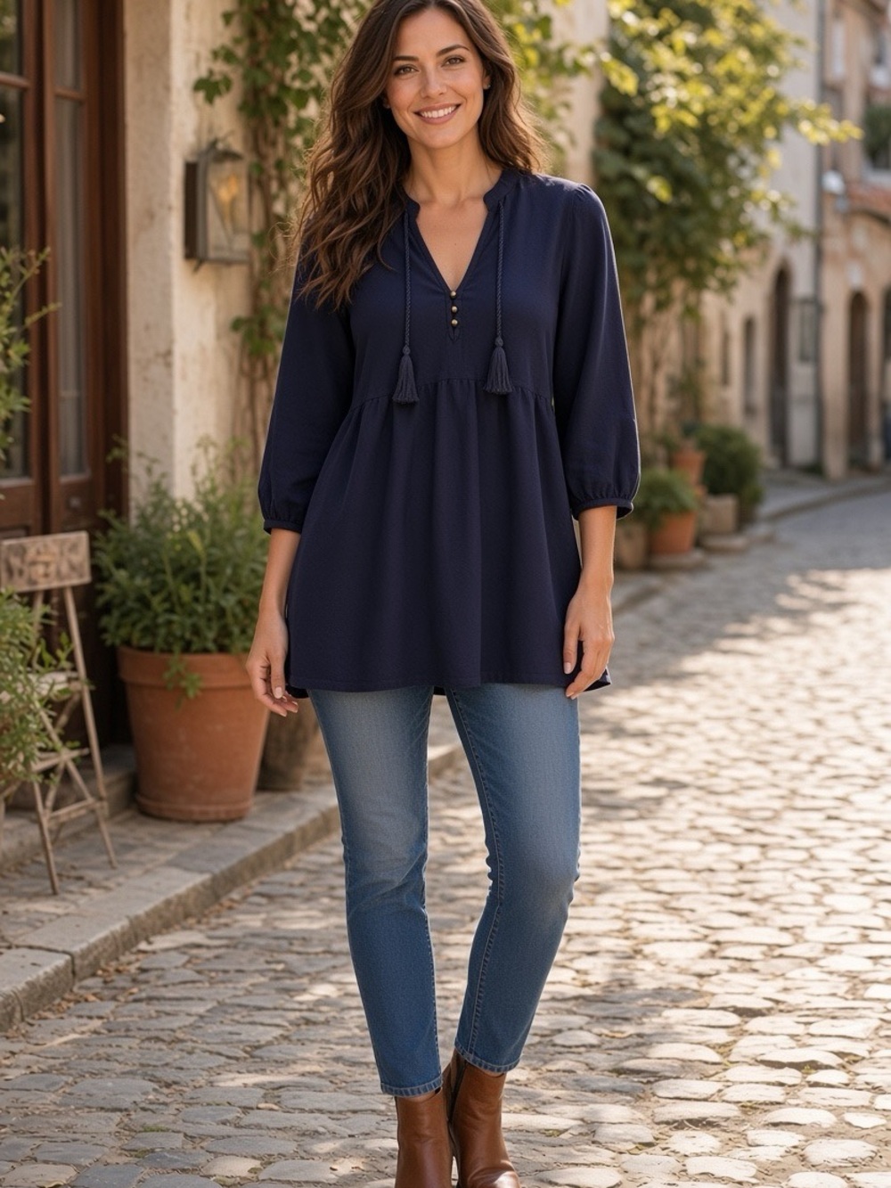 Forever 21 Navy Peasant Tassel V-Neck Blouse